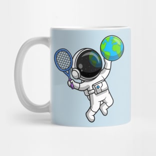 Cute Astronaut Playing Earth Globe Tennis Cartoon Mug